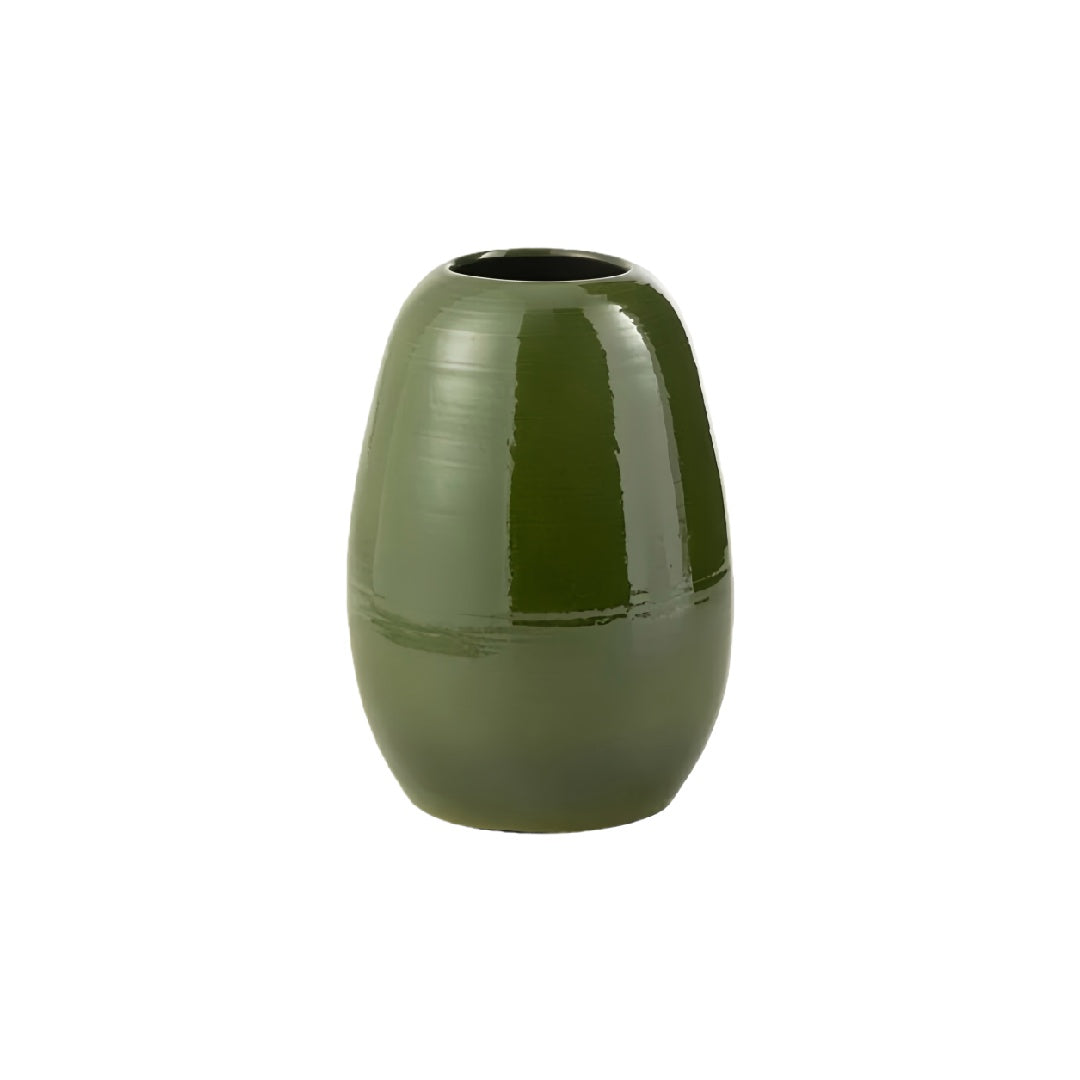 Minimalist Olive Green Glazed Ceramic Vase - Modern Oval Decorative Flower Pot
